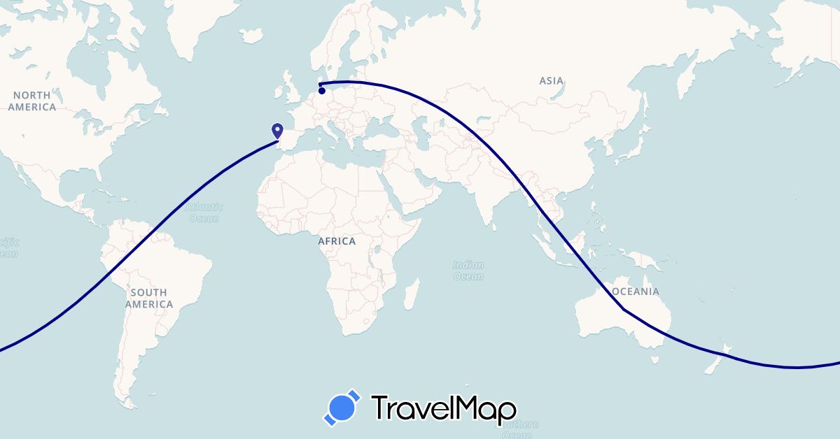TravelMap itinerary: driving in Australia, Germany, Denmark, New Zealand, Peru, Portugal, Thailand (Asia, Europe, Oceania, South America)